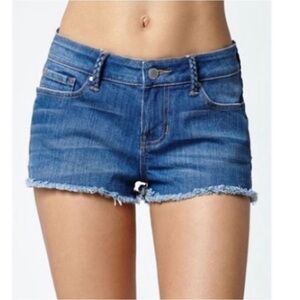 Kendall + Kylie Blue Jean Denim Daisy Duke Distressed Short Shorts Fringed Sz 26